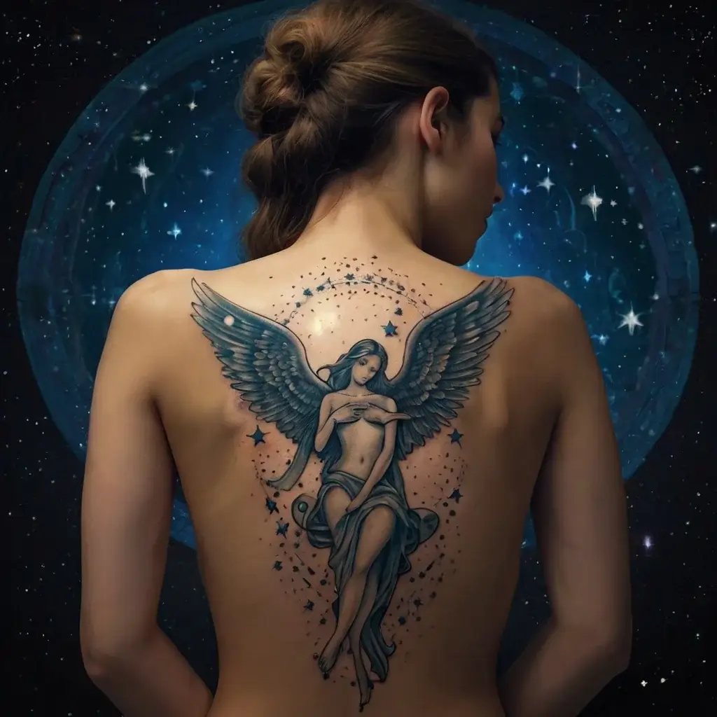 Tattoo depicting a blue-toned angel with large wings and flowing robes, surrounded by stars, covering the upper back.