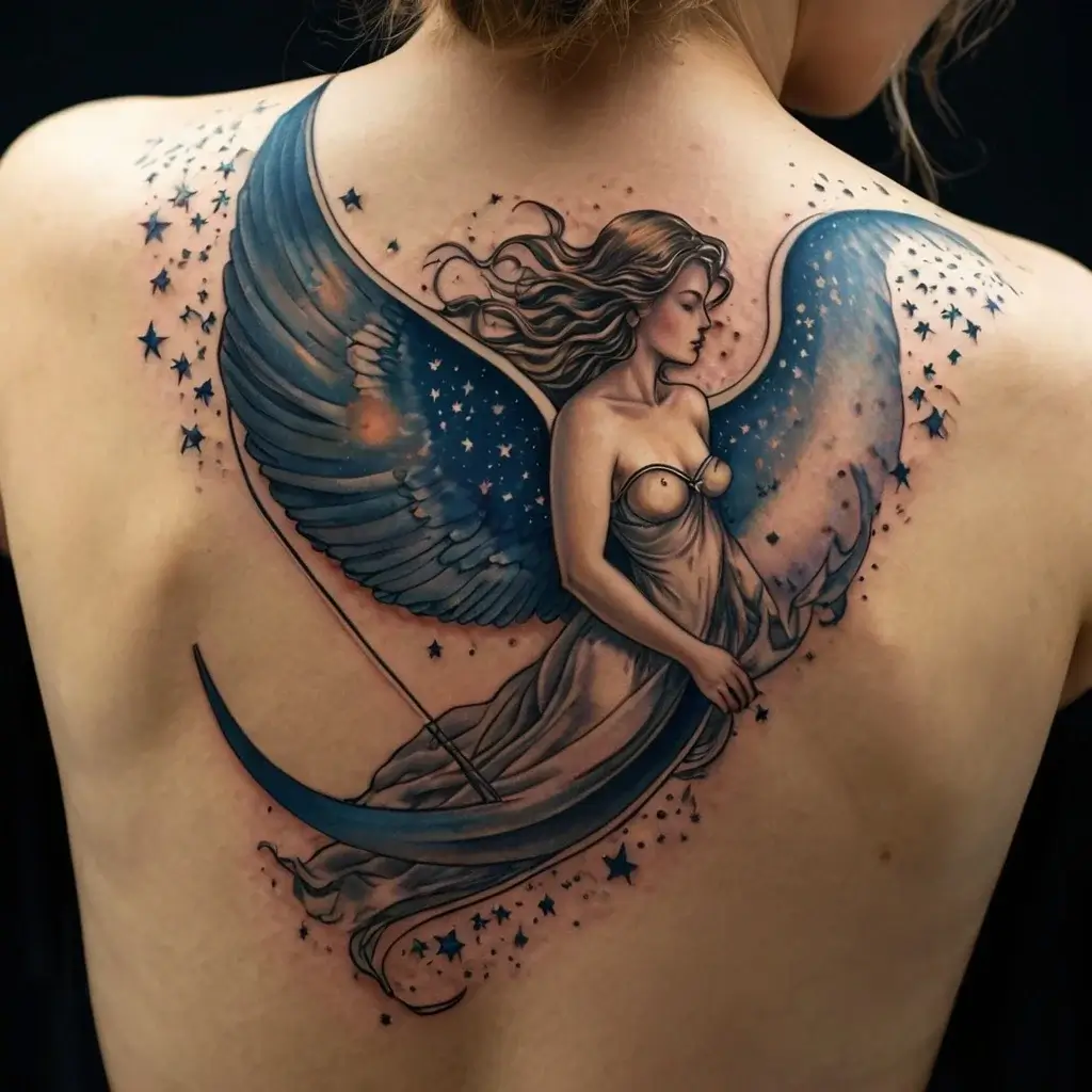 Tattoo of a serene angel holding a crescent moon, with flowing robes and wings adorned with stars across the back.