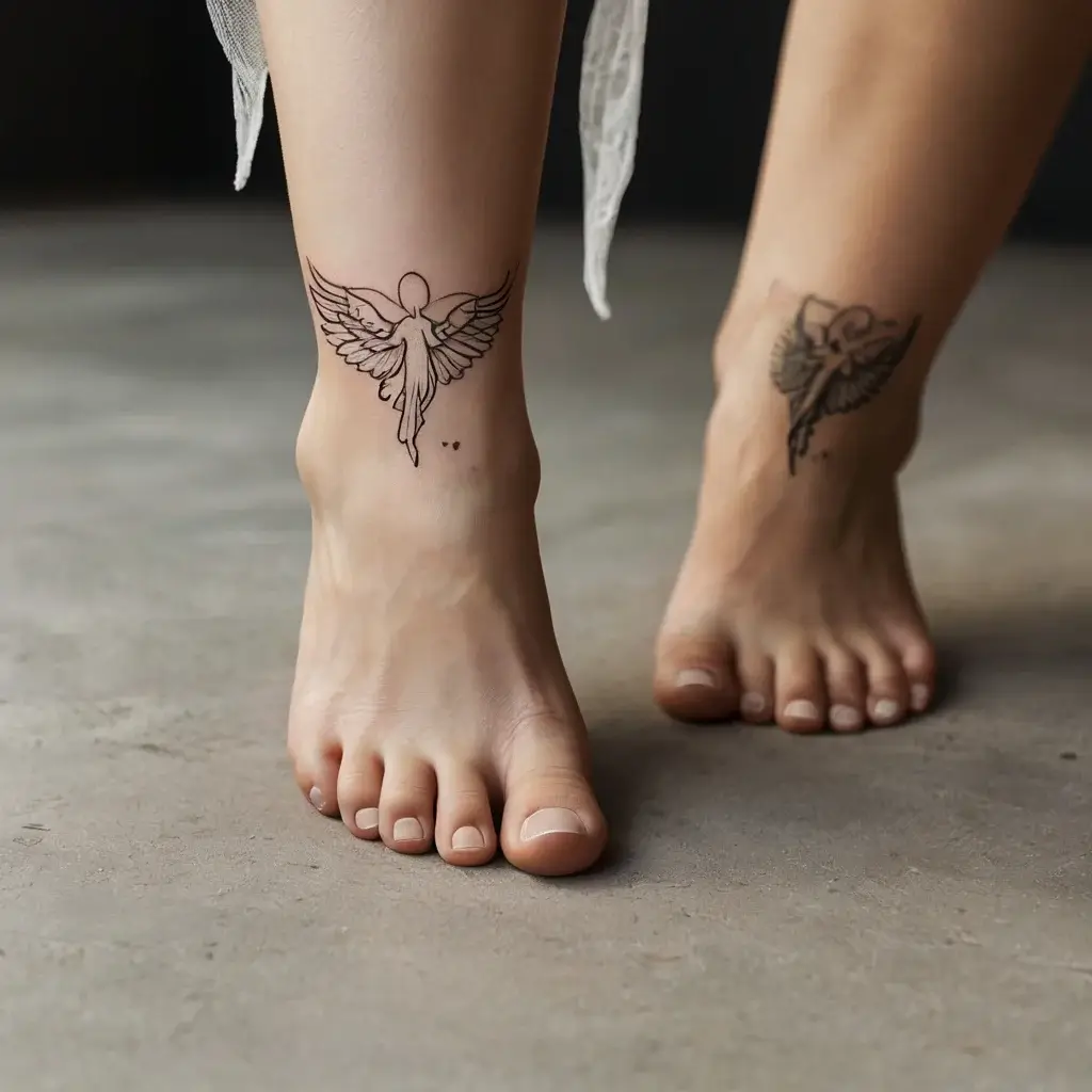 Minimalist angel tattoos on ankles, featuring outlined wings and subtle dot details, symbolizing protection and grace.