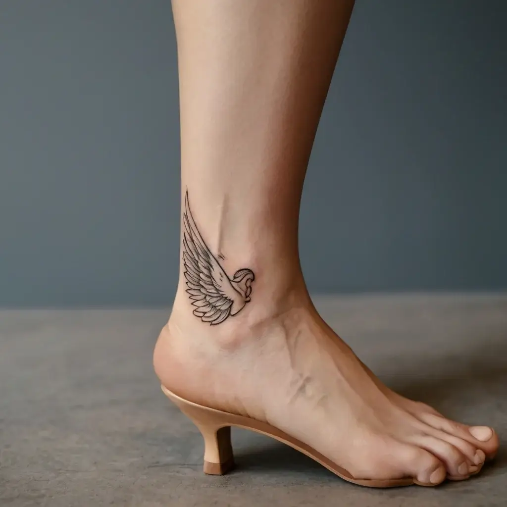 Line-art winged dove tattoo on ankle, symbolizing peace and freedom, detailed with delicate feathers.