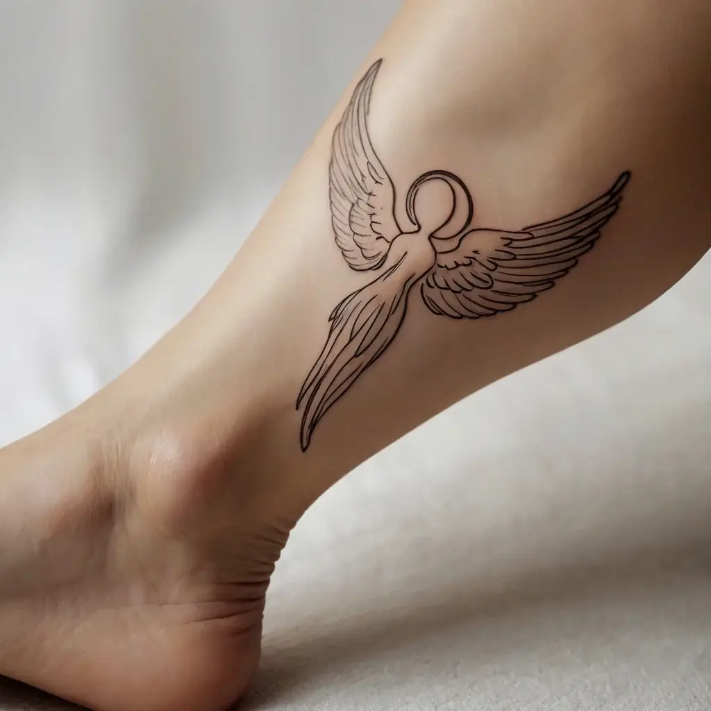 Minimalist tattoo of an angel silhouette with wings gracefully spread, placed on the inner calf, symbolizing protection.