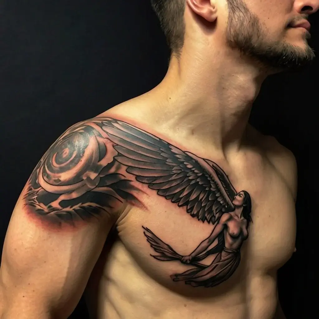 Tattoo of a winged woman on a man's chest and shoulder; dynamic, detailed feathers and swirling patterns showcase artistry.