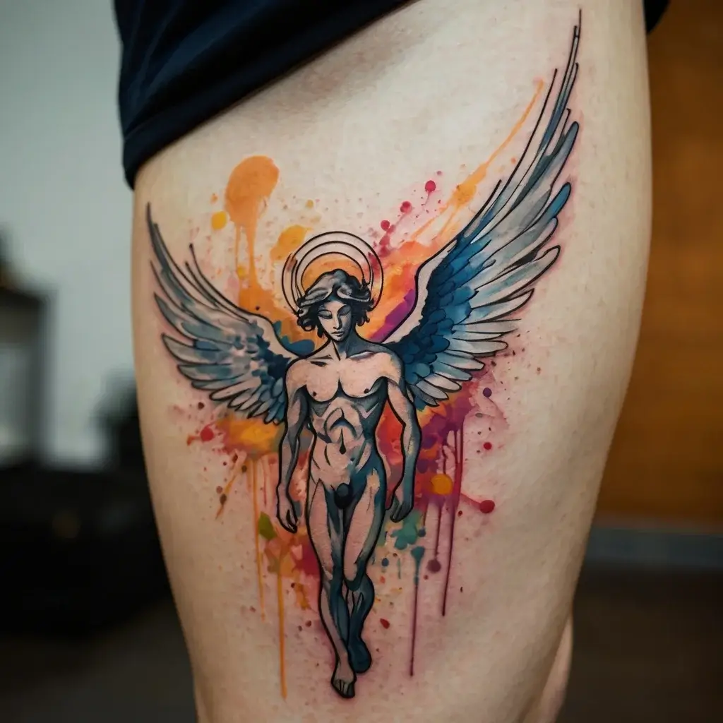 Watercolor-style angel tattoo with blue wings and a halo, set against vibrant splashes of orange and pink hues.