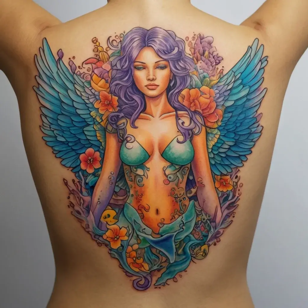 Elegant winged woman with flowing purple hair, surrounded by colorful flowers, in a vibrant back tattoo design.