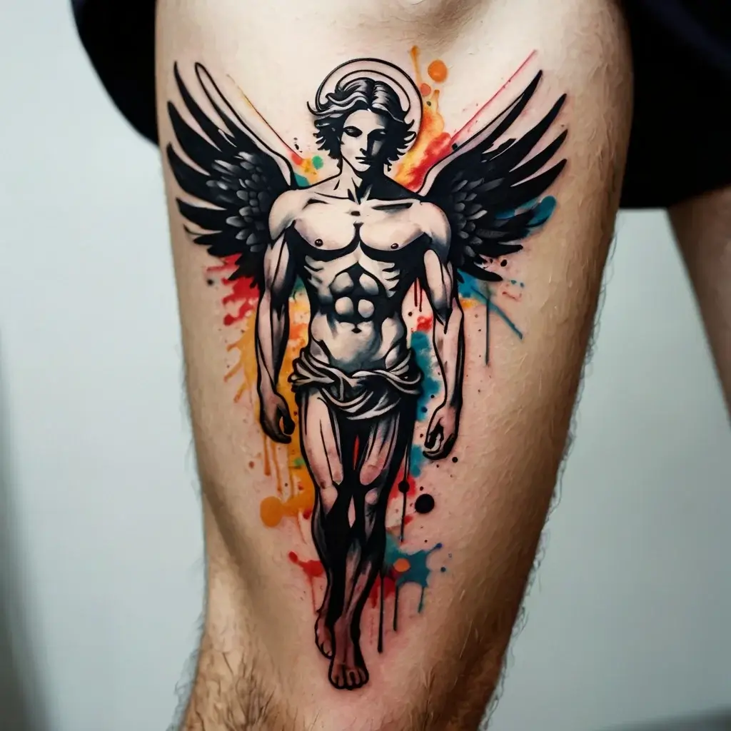 Tattoo of a winged angel with a halo, in a dynamic watercolor splash background; contrasts black with vibrant colors.