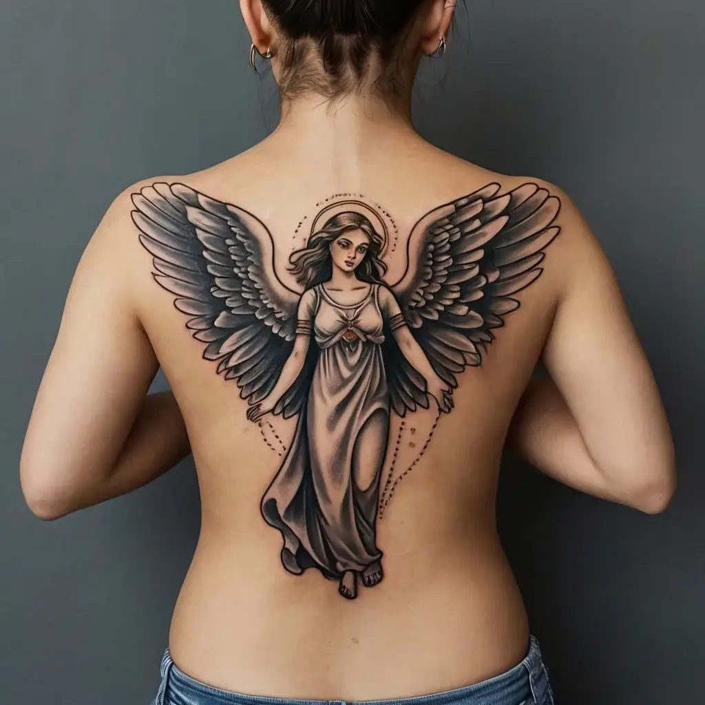 Tattoo of a detailed angel with large, shaded wings on a person's back, featuring a serene expression and flowing robes.