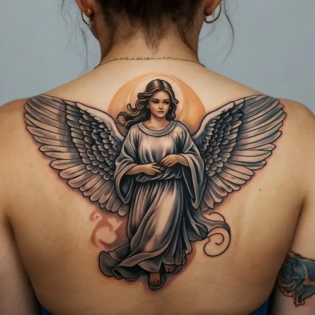 Tattoo of a serene angel with flowing robes, large detailed wings, and a glowing halo centered on the upper back.