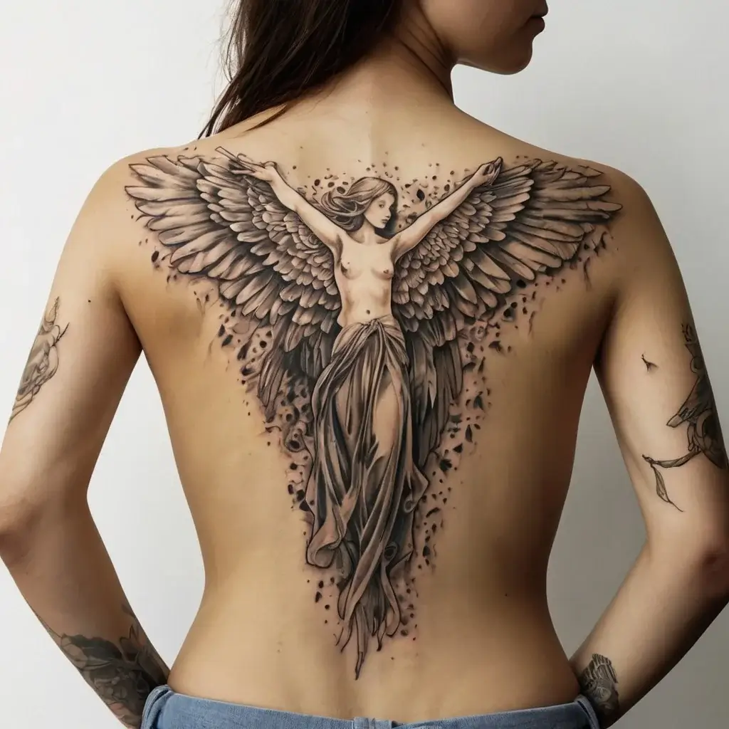 Detailed back tattoo of a majestic angel with outstretched wings and flowing robe, surrounded by intricate shading.