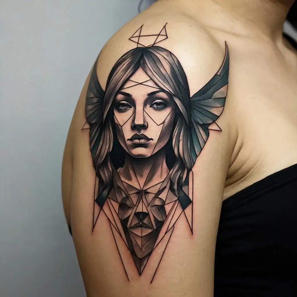 Geometric tattoo of a woman's face with stylized hair and wings, using angular shapes and bold shading on the upper arm.