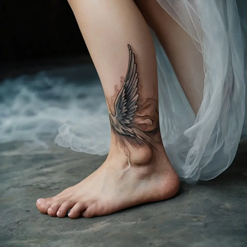 Tattoo design of a realistic, detailed angel wing on the ankle, symbolizing freedom and spirituality.