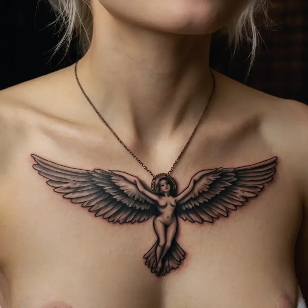 Chest tattoo of a winged nude angel with a serene expression, blending realism and symbolic grace across the collarbone.