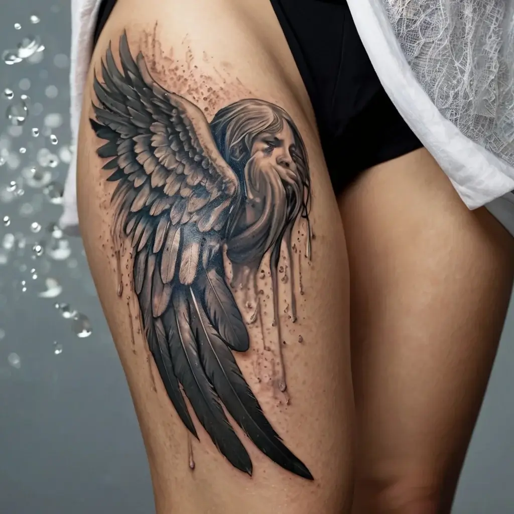 Tattoo of a detailed winged angel with a serene face on the thigh, featuring realistic shading and a dripping effect.