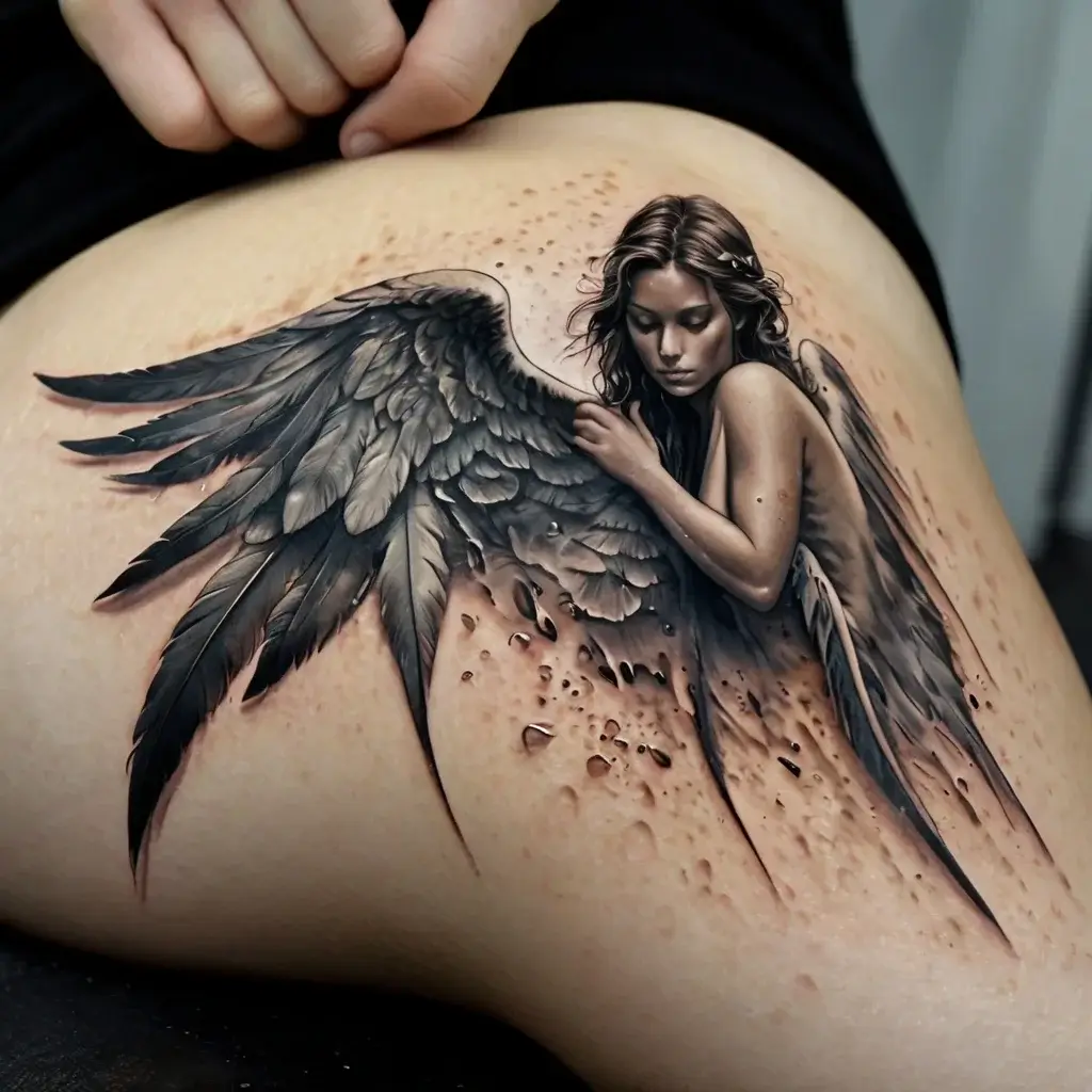 A realistic tattoo of a serene angel with detailed wings, embracing herself, blending into a textured, abstract background.