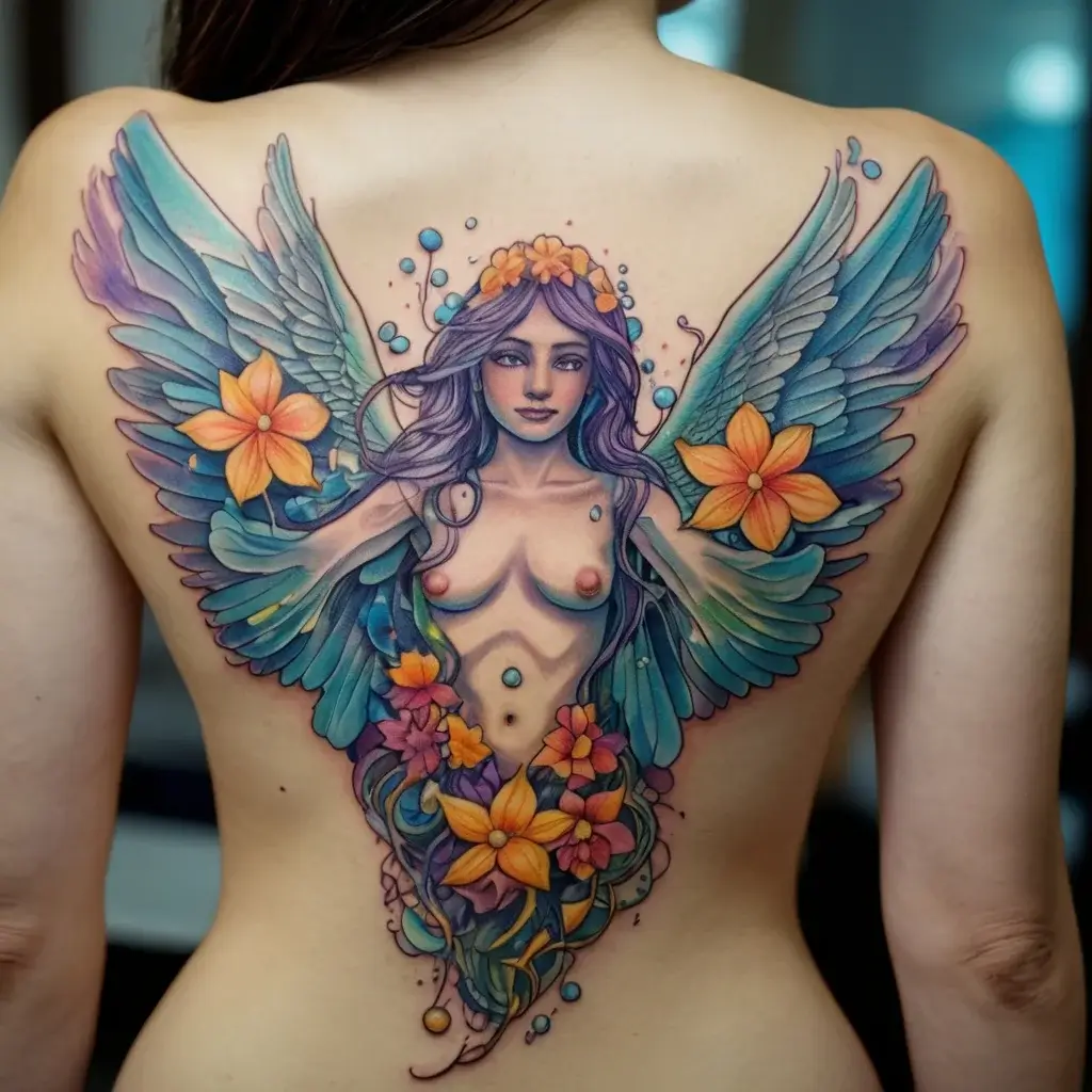 Tattoo design of an ethereal woman with vibrant wings and flowers, blending cool blues and warm oranges across the back.