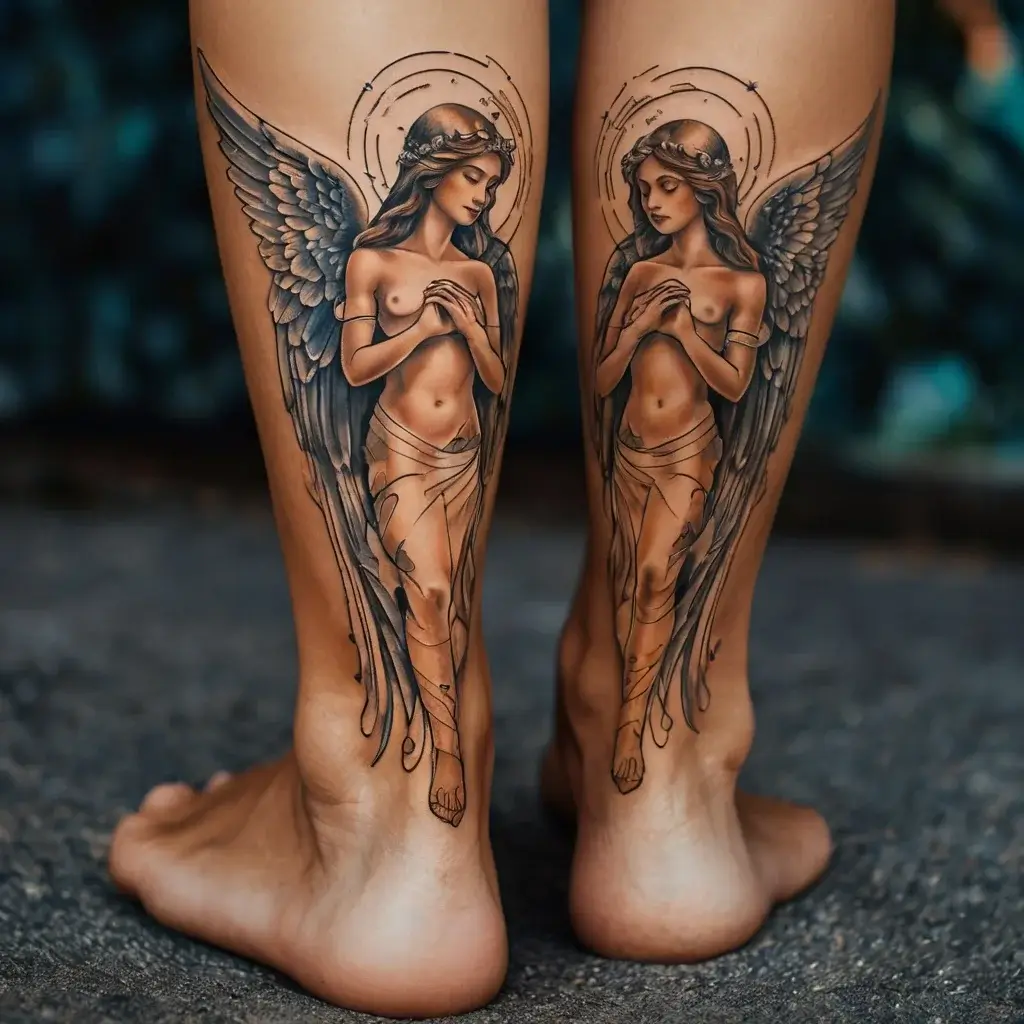 Two intricately detailed angel tattoos adorn the calves, featuring halos and serene expressions with folded hands and wings.