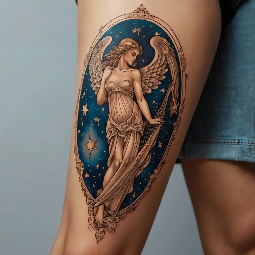 Tattoo of an angel with wings, holding a spear, set against a starry night sky within an ornate oval frame.