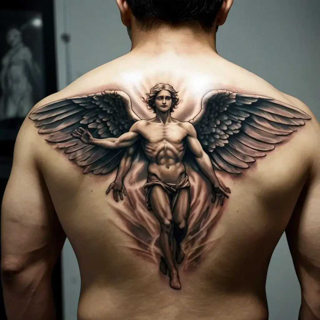 Tattoo of a detailed angel with large wings, centered on the back, showcasing a blend of realism and ethereal shading.