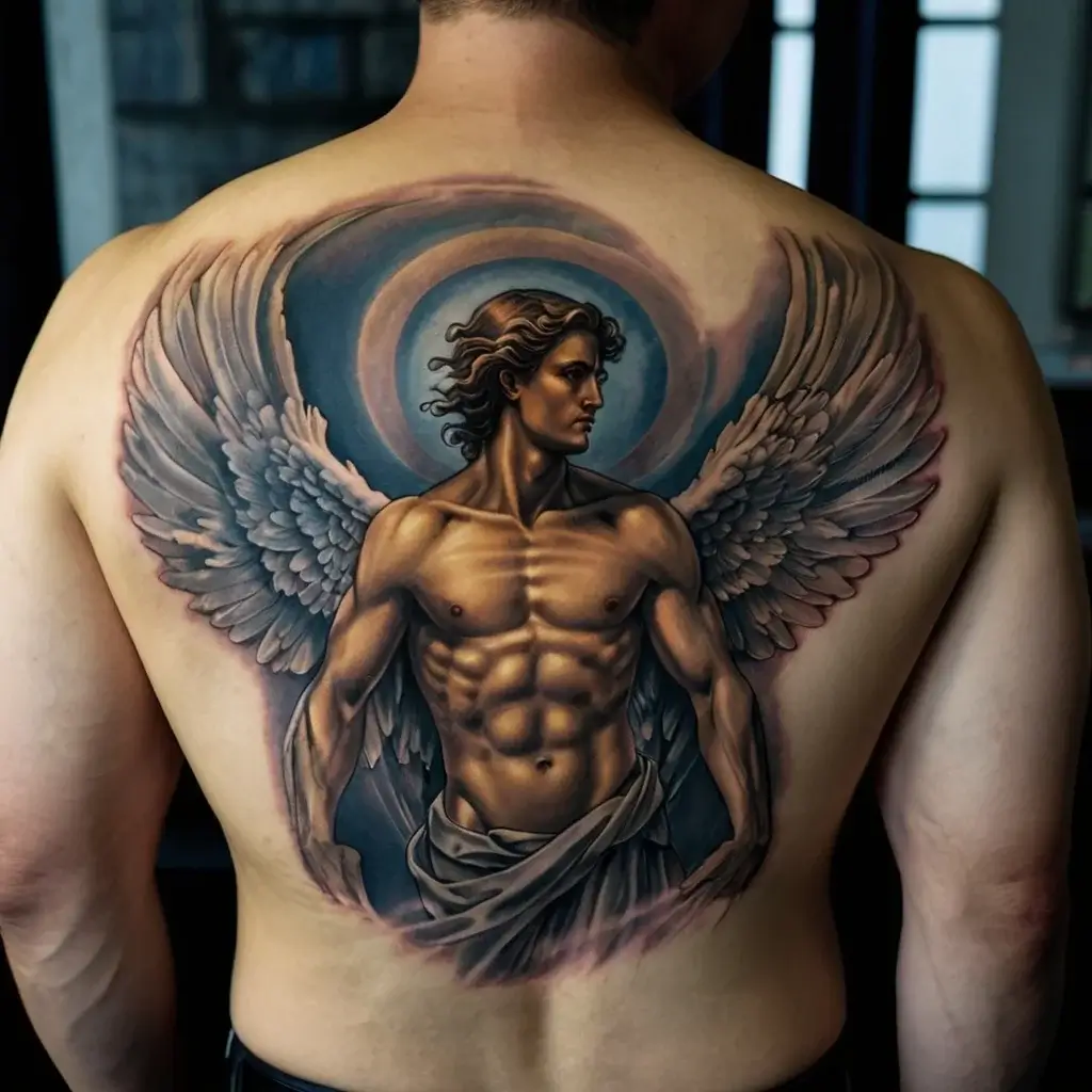 A back tattoo depicting a muscular angel with wide wings, flowing hair, and a halo, conveying strength and divinity.