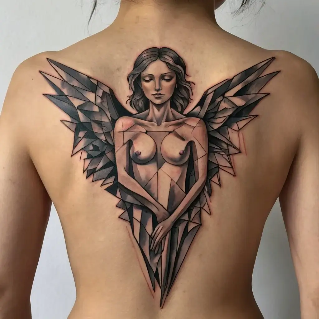 Geometric angel tattoo with sharp, crystalline wings and serene expression covering the entire upper back.