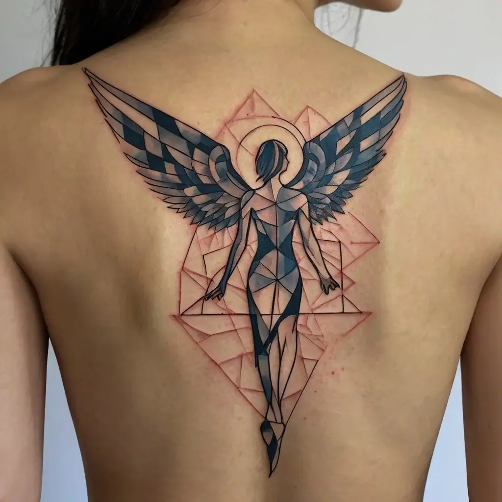 Abstract angel tattoo with geometric wings and halo, featuring blue and black hues on a back, highlighting symmetry.