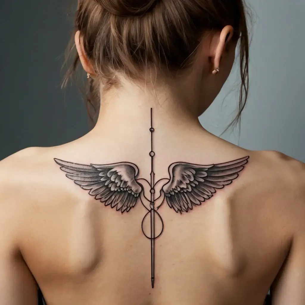 Tattoo design of angel wings with lines and circles down the spine, symbolizing balance and freedom.