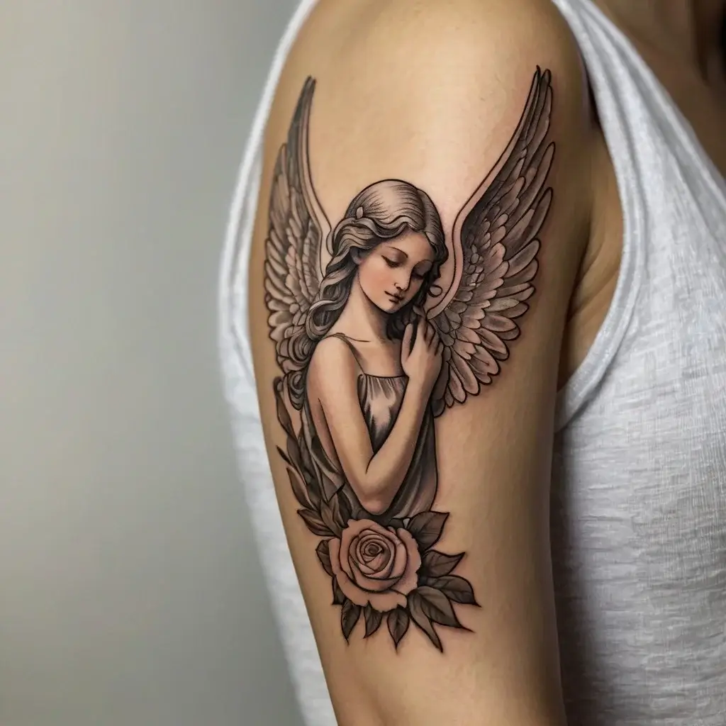 Tattoo of a serene angel with detailed wings, nestled above a blooming rose, symbolizing peace and beauty on the upper arm.