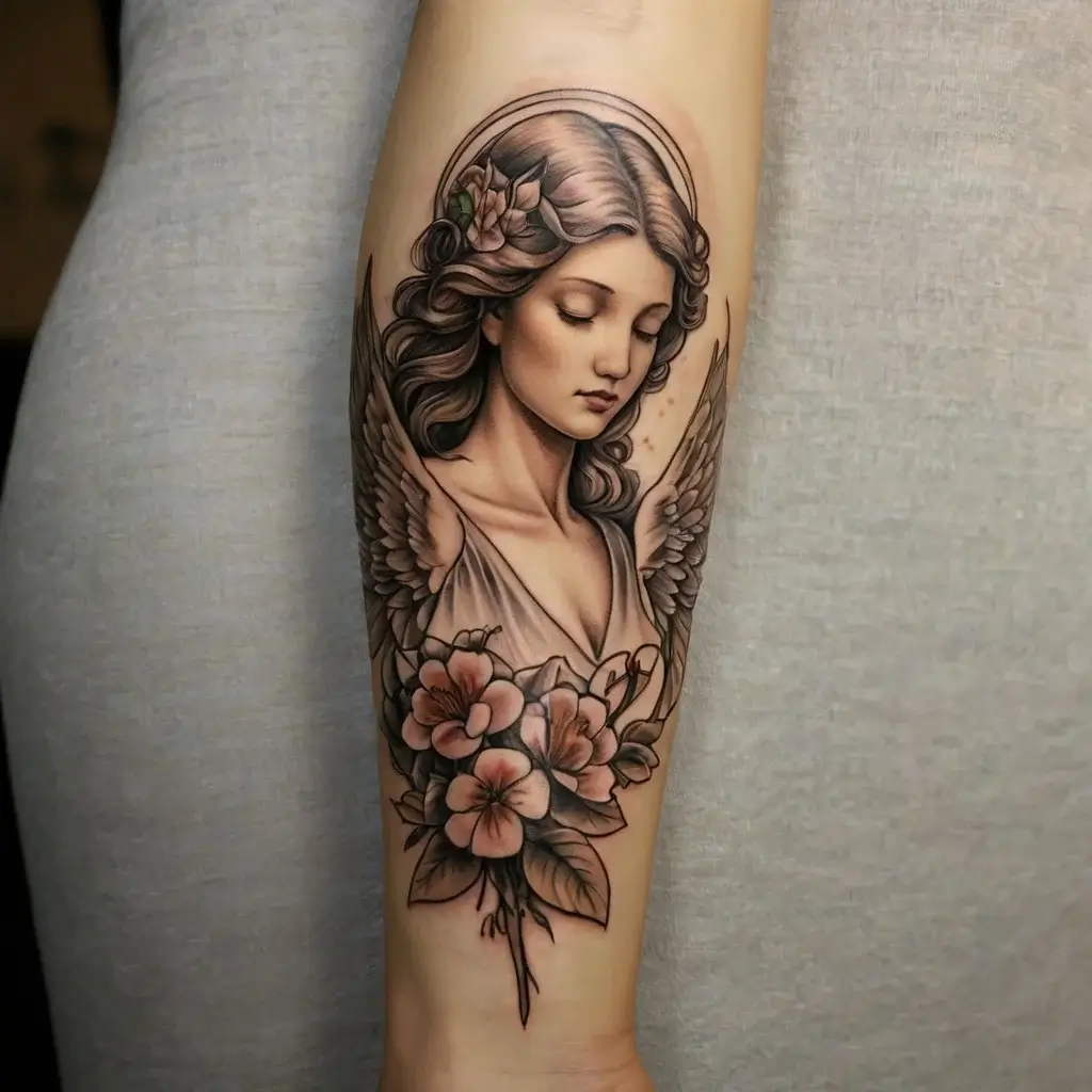 Tattoo of a serene angel with flowing hair and wings, adorned with flowers, symbolizing peace and beauty.