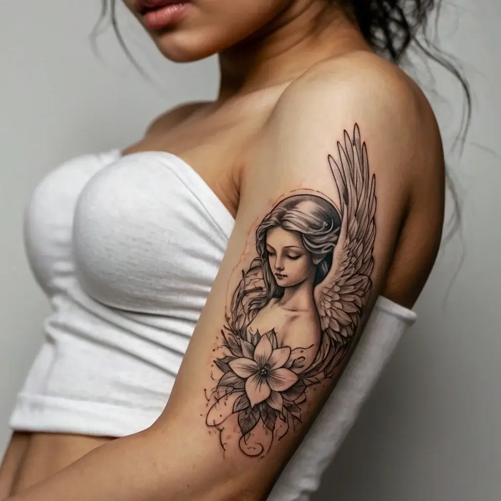 Tattoo of an angel with flowing hair and detailed wings, framed by a large flower on the upper arm, symbolizing grace.