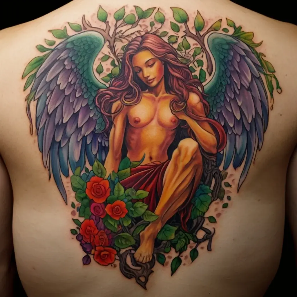 A vibrant back tattoo of an angel surrounded by wings, roses, and leaves, radiating colorful and intricate details.