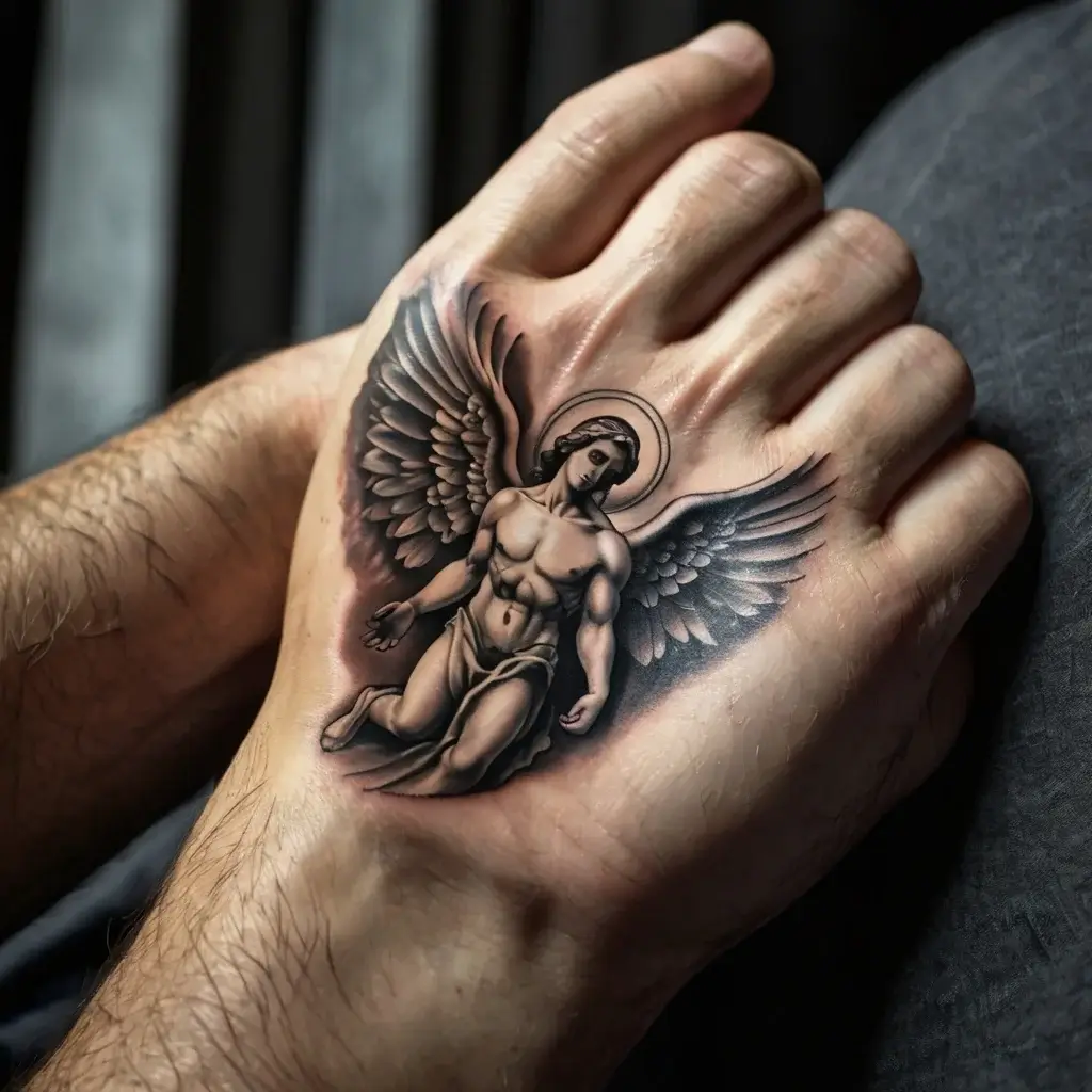 Ornate angel tattoo with detailed wings and halo, kneeling on hand. Black and gray realism style with shadow depth.