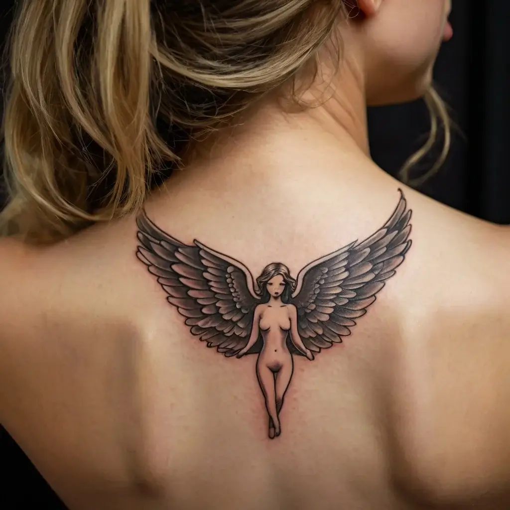 Tattoo of a serene winged angel with detailed feathers, placed between shoulder blades, symbolizing protection and grace.