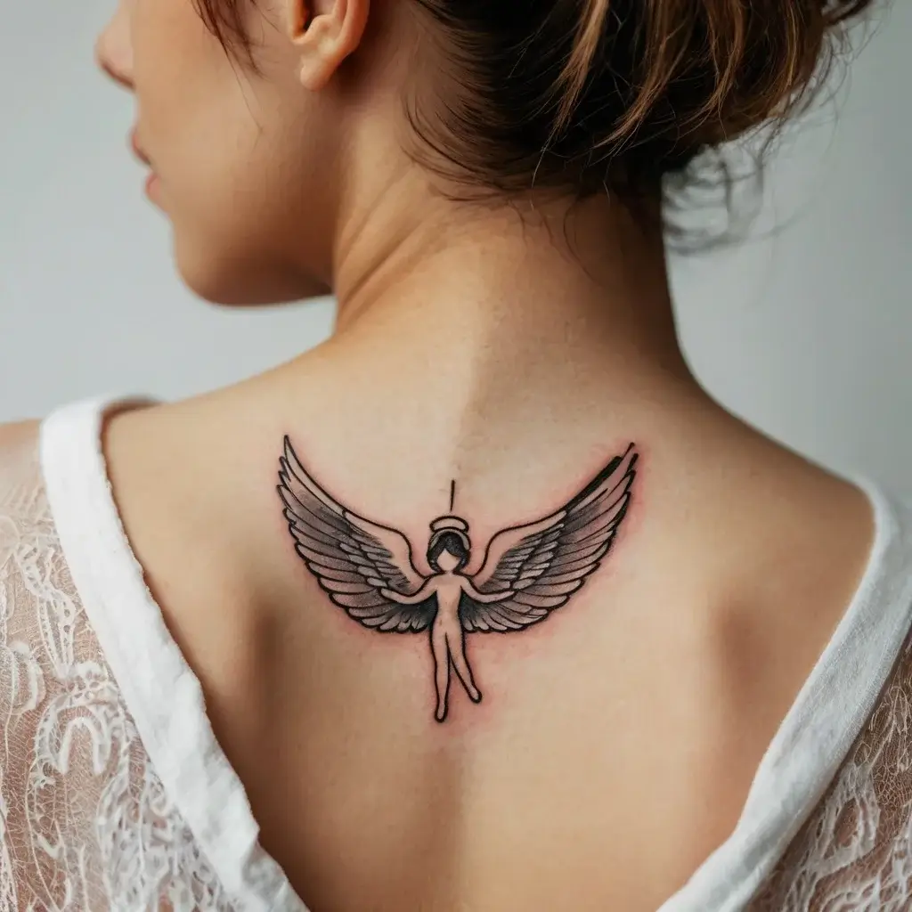 Tattoo of a winged angel with a halo, featuring intricate shading and elegant lines, located on the upper back.