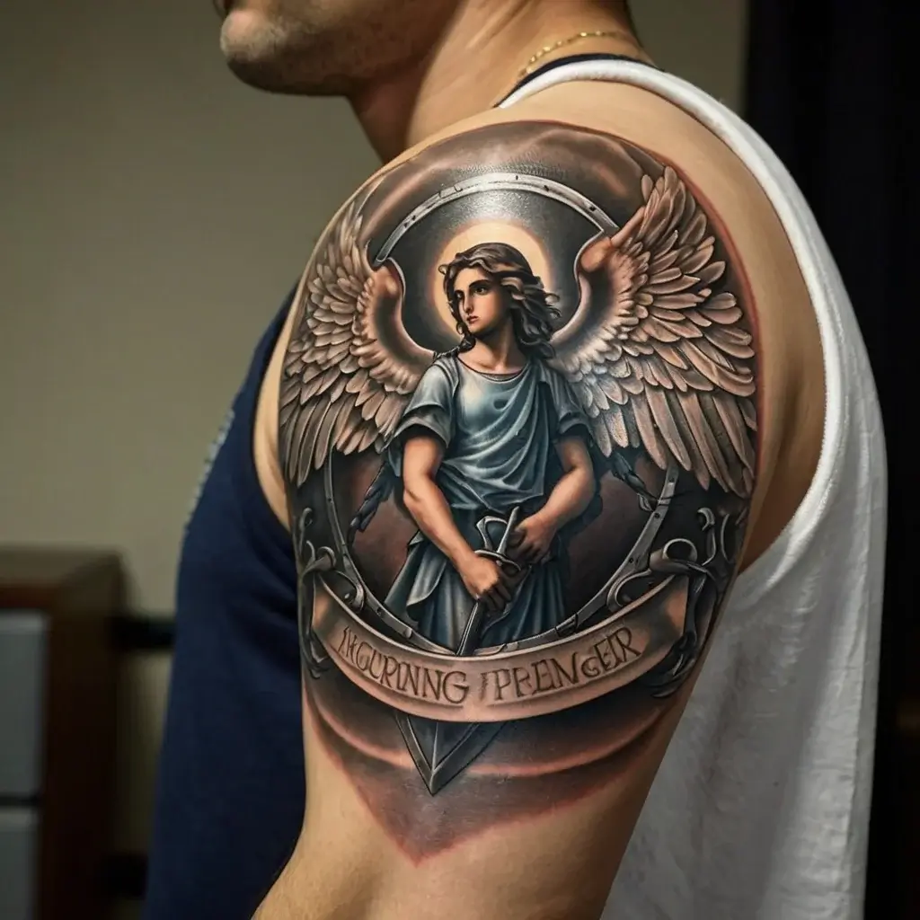 A detailed angel tattoo with large wings and a sword on the upper arm, surrounded by a halo and scroll script.