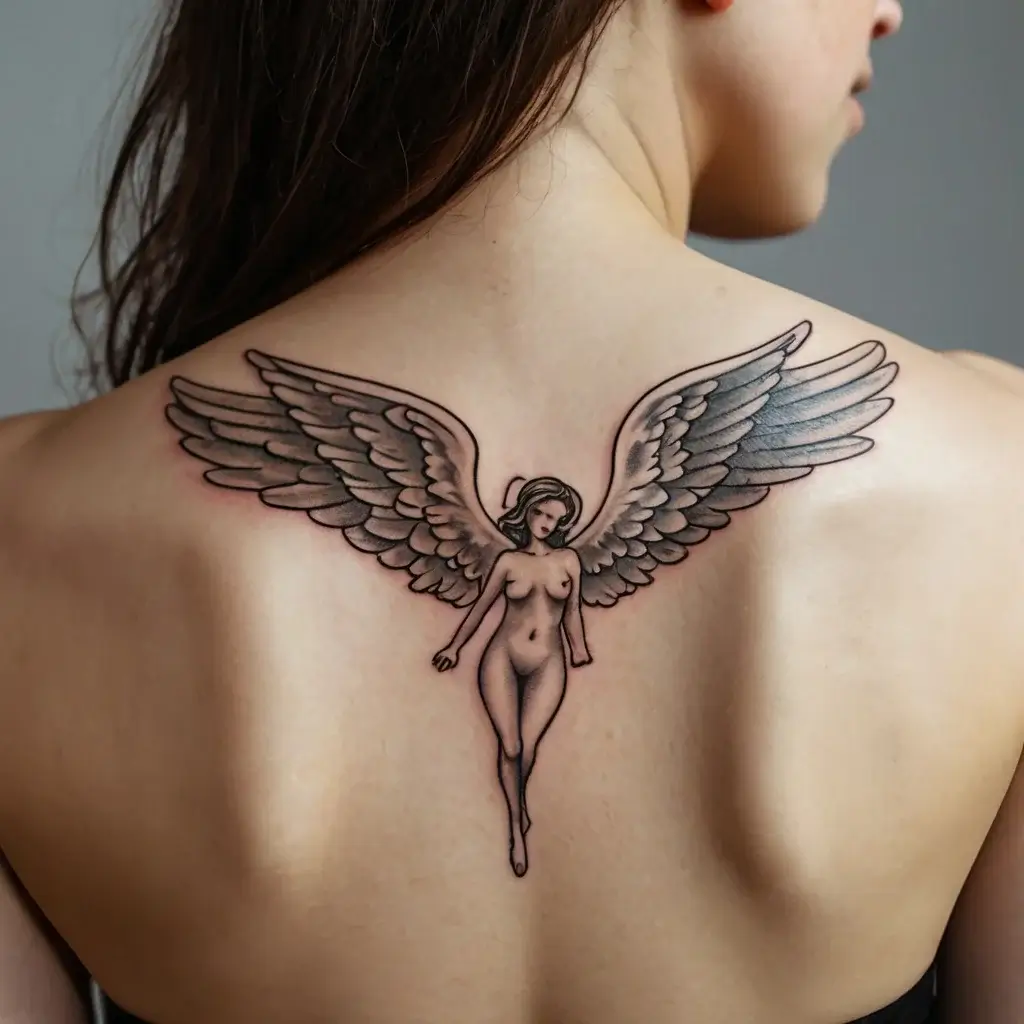 Tattoo of a winged, ethereal angel with detailed feathers, centered on the upper back in soft shades.