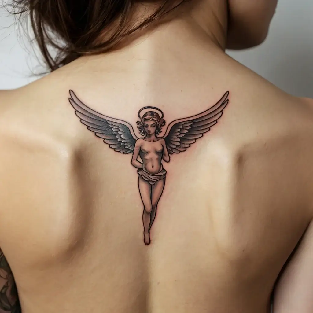 Tattoo of an angel with outstretched wings, halo above, and flowing robes, centered on the back.