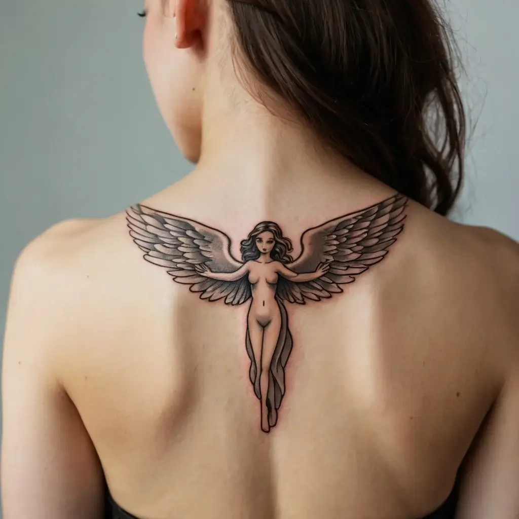 Tattoo of an angel with detailed wings, centered on the upper back, featuring soft shading for a 3D effect.