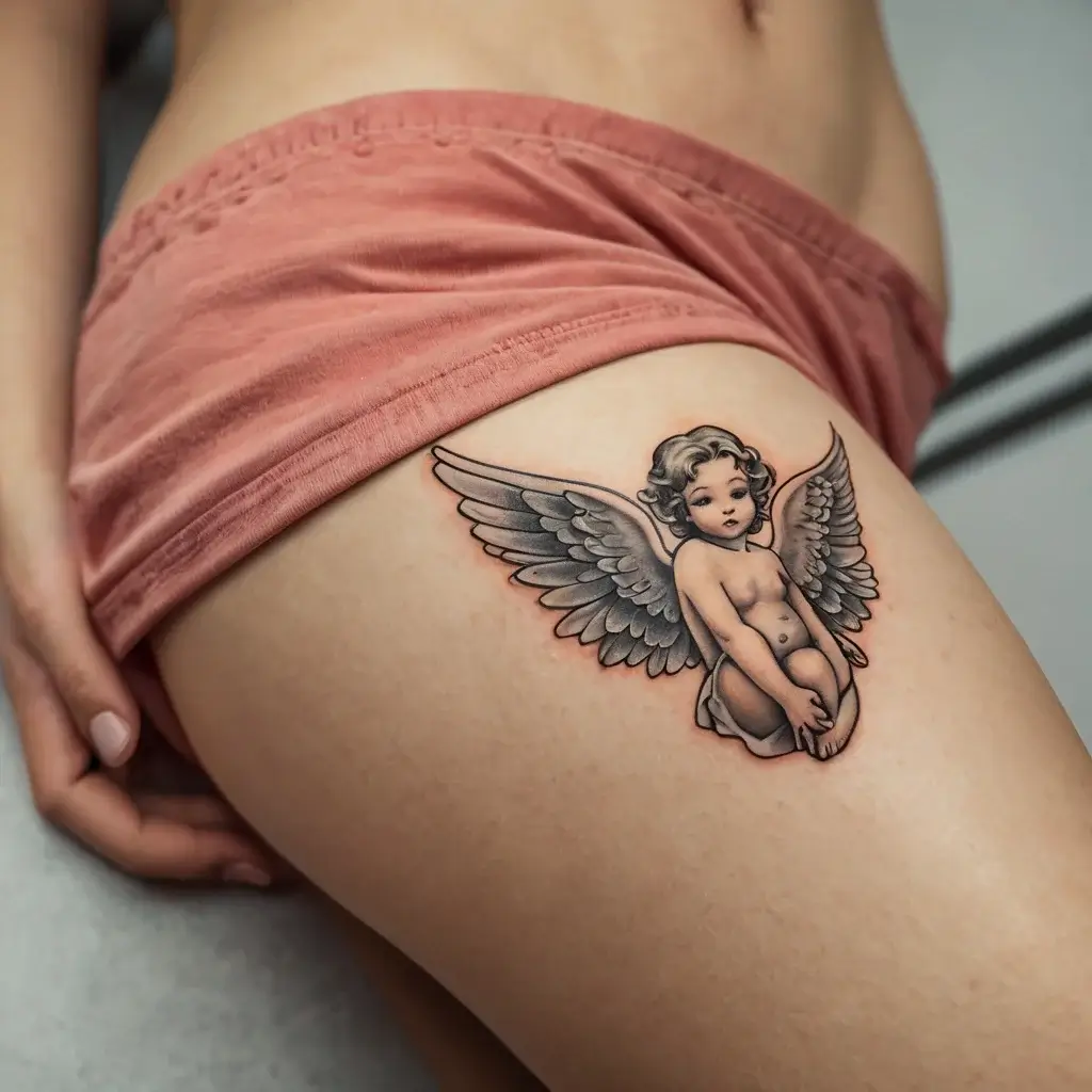 Tattoo of a cherub with gray wings and soft shading, highlighted by a subtle pink aura on the upper thigh.