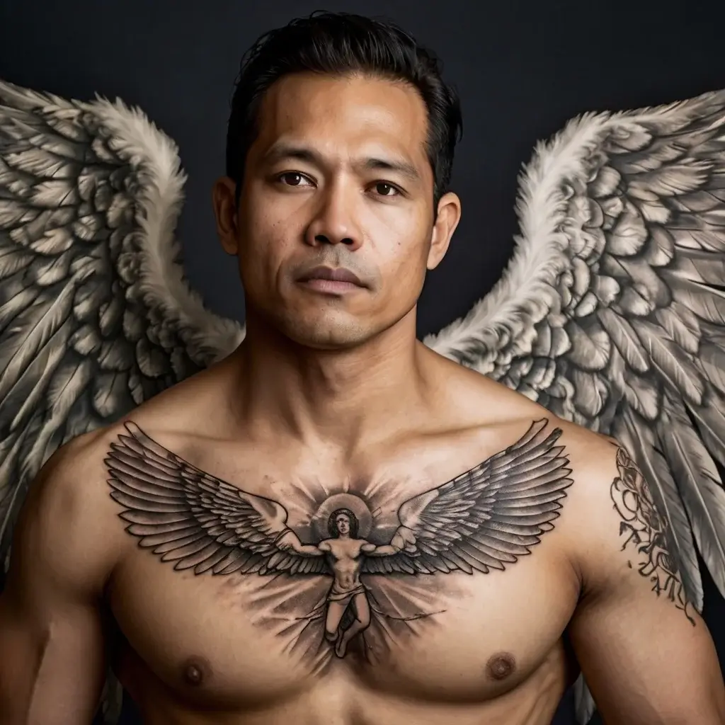 Chest tattoo of an angelic figure with widespread wings, centered on the chest, radiating celestial light.