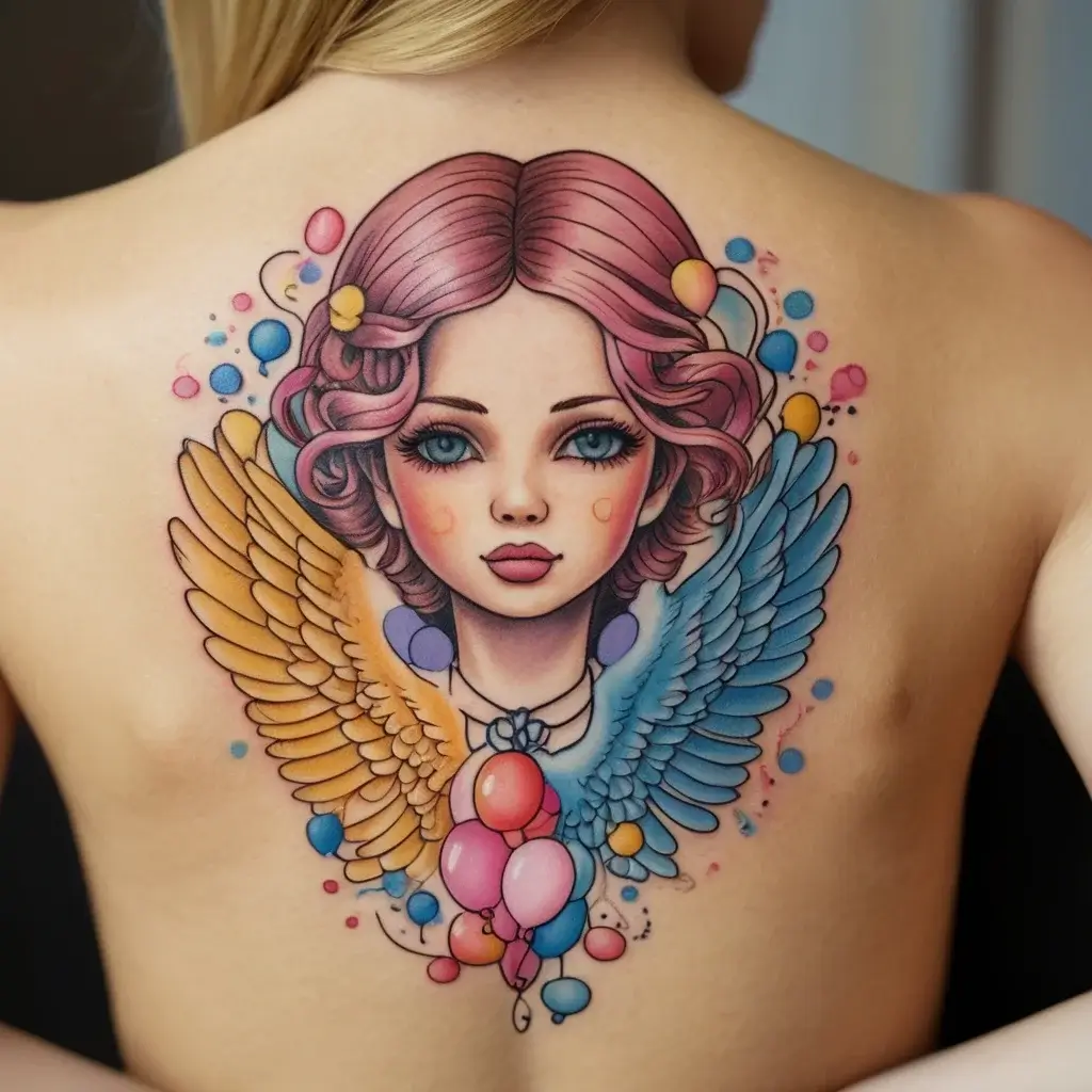 Colorful tattoo of a doll-like face with pink hair, surrounded by vibrant angel wings and floating balloons, on a back.