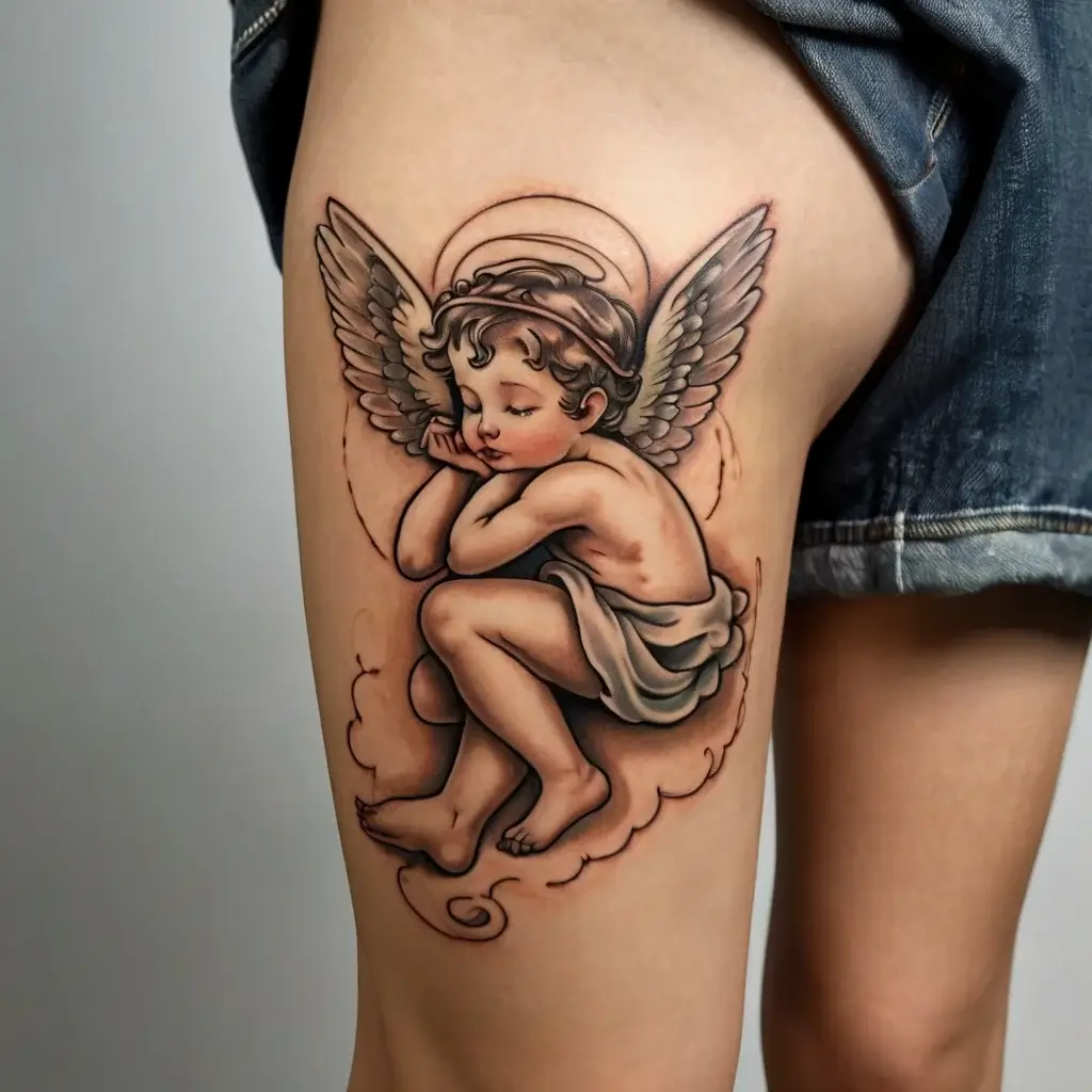 Tattoo of a serene cherub with wings, resting with a halo on the thigh, rendered in soft, detailed shading.