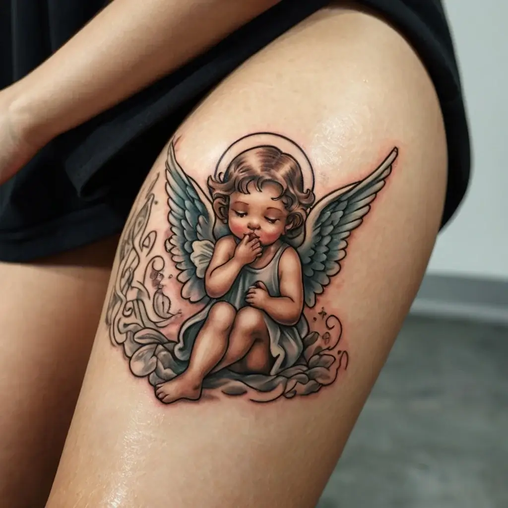 Tattoo of a serene cherub with wings and halo, sitting on clouds, fingers to lips, blending soft colors and fine details.