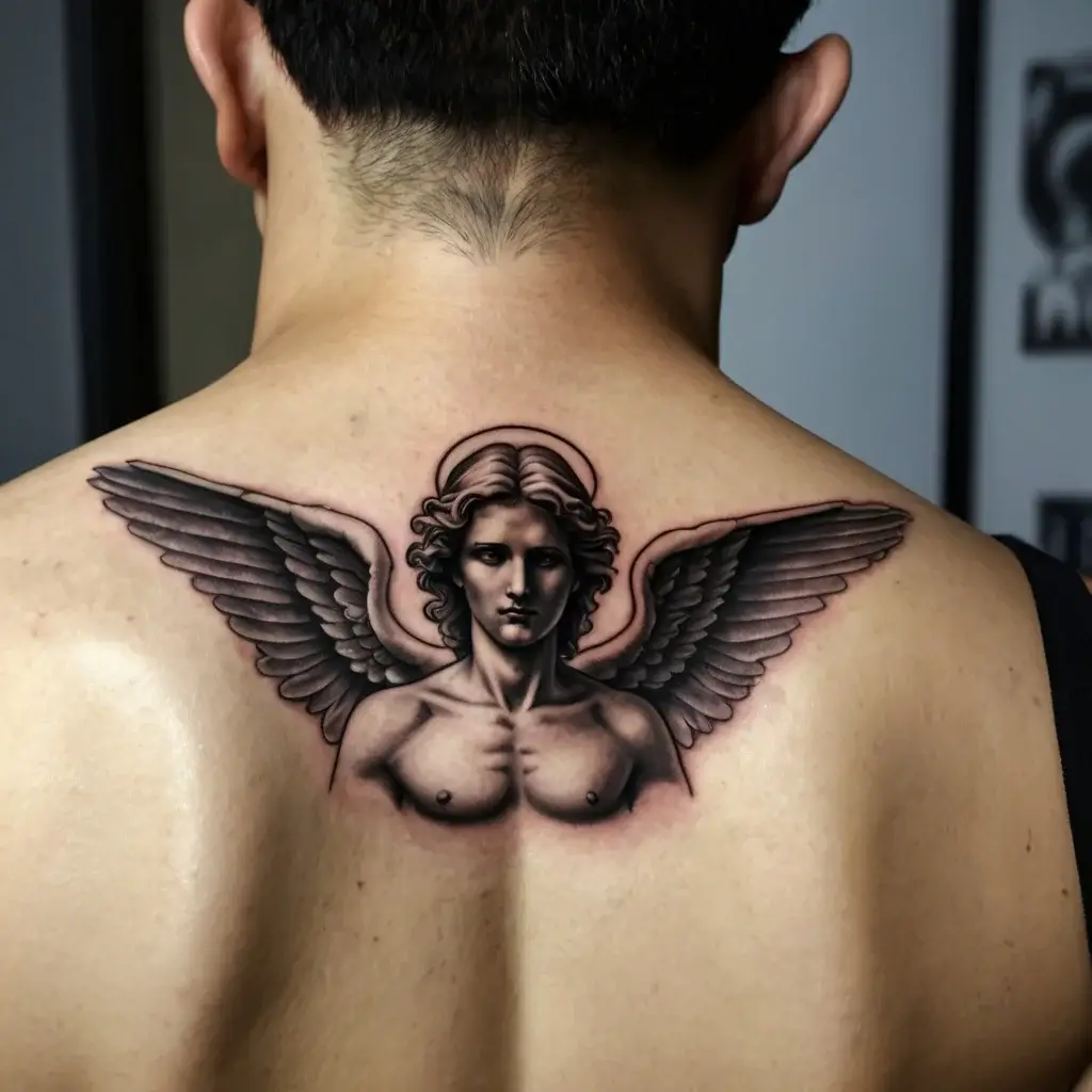 Tattoo of a realistic angel, detailed wings spread, with a serene face and halo, centered on upper back.