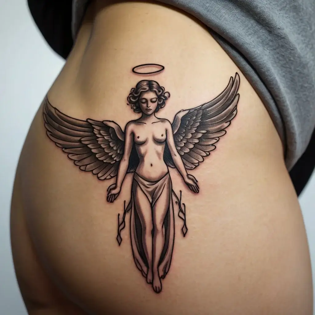 Tattoo of a serene angel with wings spread, halo above, draped cloth, and a minimalist black ink design on the upper thigh.