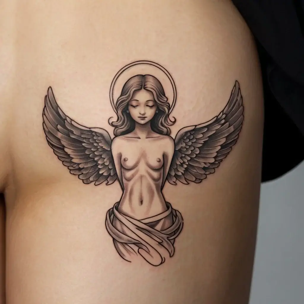 Tattoo of a serene angel with wings, halo, flowing hair, and draped cloth, symbolizing purity and peace in soft shades.