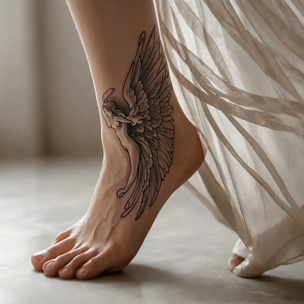 Intricate tattoo of a graceful angel with expansive wings, elegantly inked along the side of the foot.