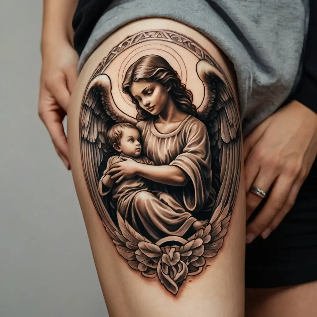 Realistic tattoo of an angel cradling a child, with intricate wings and halo, symbolizing protection and purity.