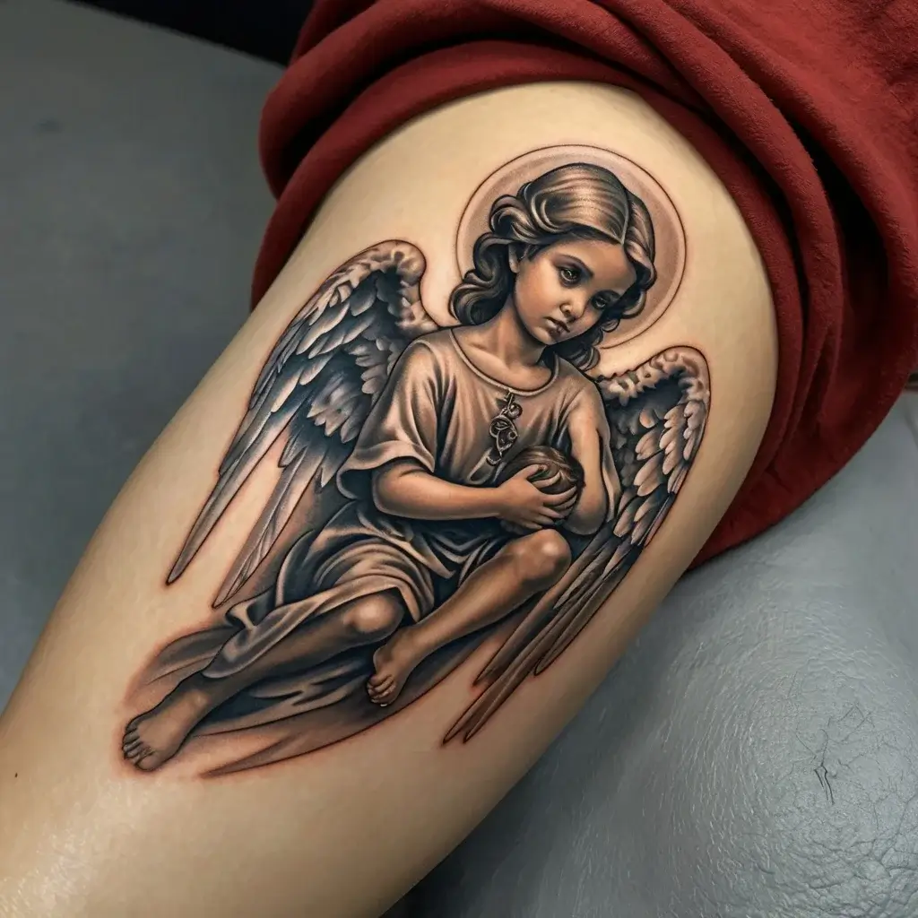 Realistic tattoo of a serene angel with detailed wings and halo, sitting and holding a heart, symbolizing protection.