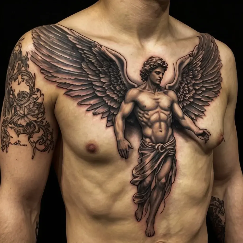 Tattoo of a detailed angel with outstretched wings on the chest, featuring a muscular figure and artistic shading.