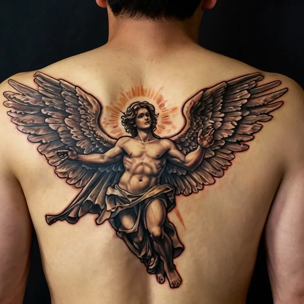 Tattoo of a detailed, muscular angel with outstretched wings and a radiant halo, covering the entire upper back.