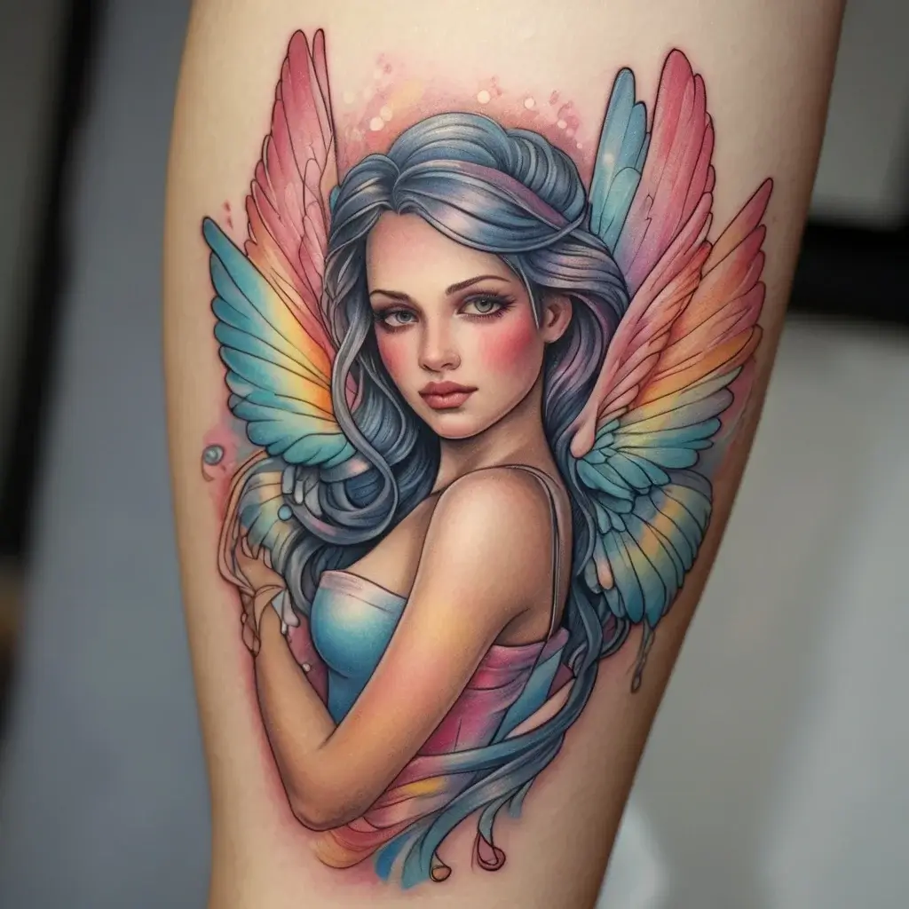 Tattoo of a woman with angelic wings, featuring pastel hues and intricate details on her hair and wings.